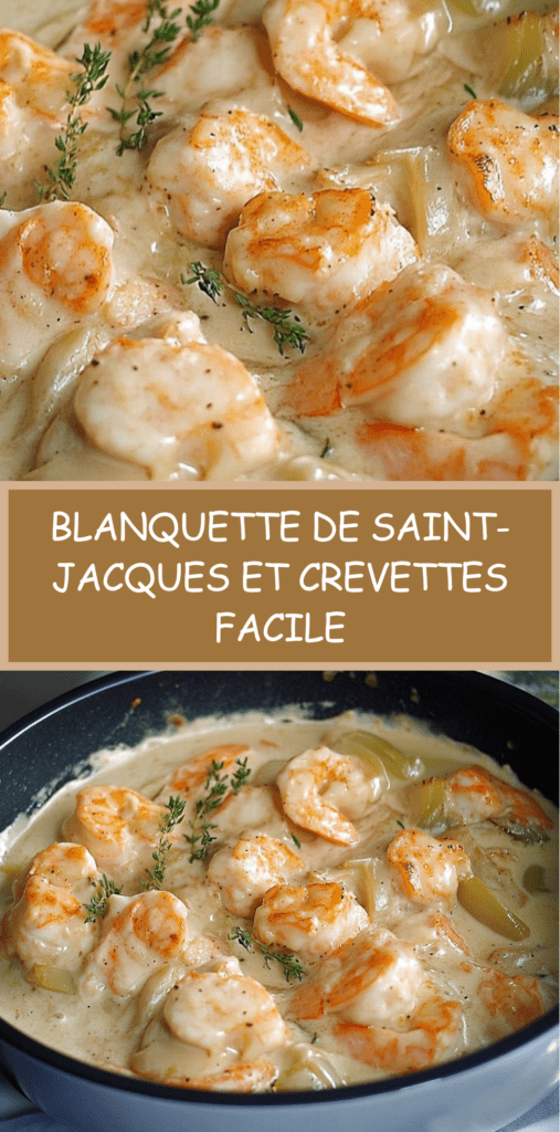 Assiette de blanquette de Saint-Jacques et crevettes dans une sauce crémeuse légère, servie chaude avec herbes fraîches et accompagnement raffiné