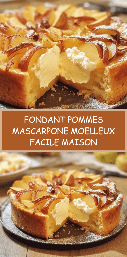 Fondant aux pommes et mascarpone moelleux avec lamelles de pommes dorées, texture fondante et saupoudré de sucre glace