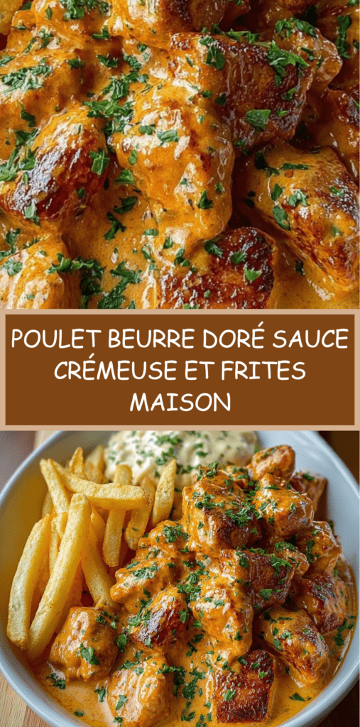 Bouchées de poulet dorées au beurre avec sauce crémeuse nappée et frites croustillantes dorées servies chaudes
