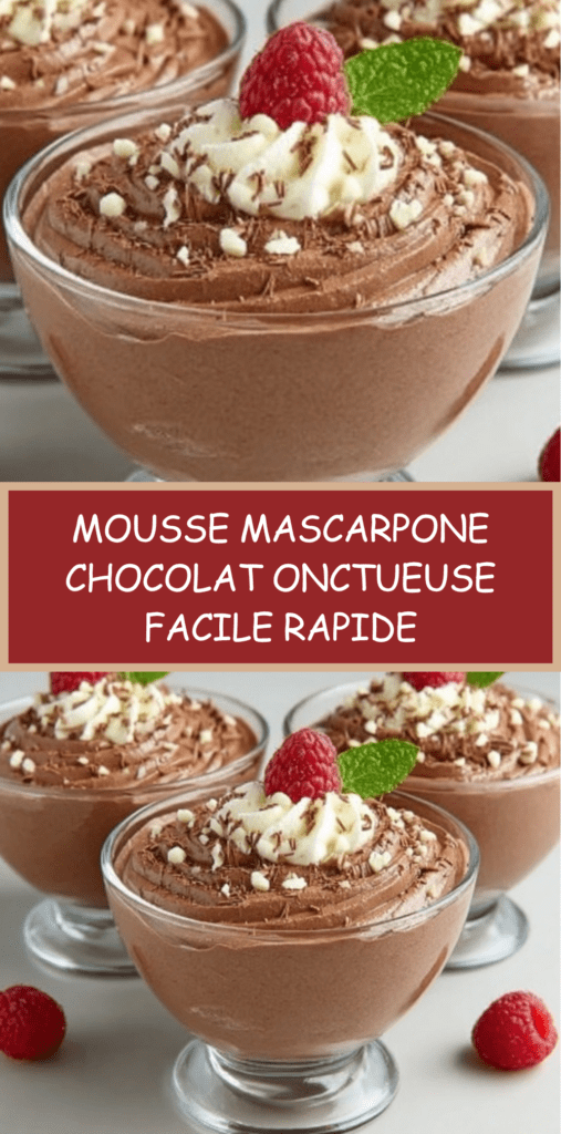 Verrines de mousse mascarpone au chocolat onctueuse avec copeaux de chocolat et framboises fraîches sur le dessus