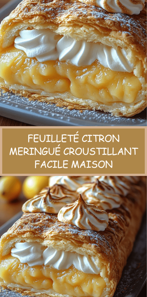 Feuilleté citron meringué croustillant avec pâte dorée, crème citron acidulée, chantilly et meringue légèrement caramélisée