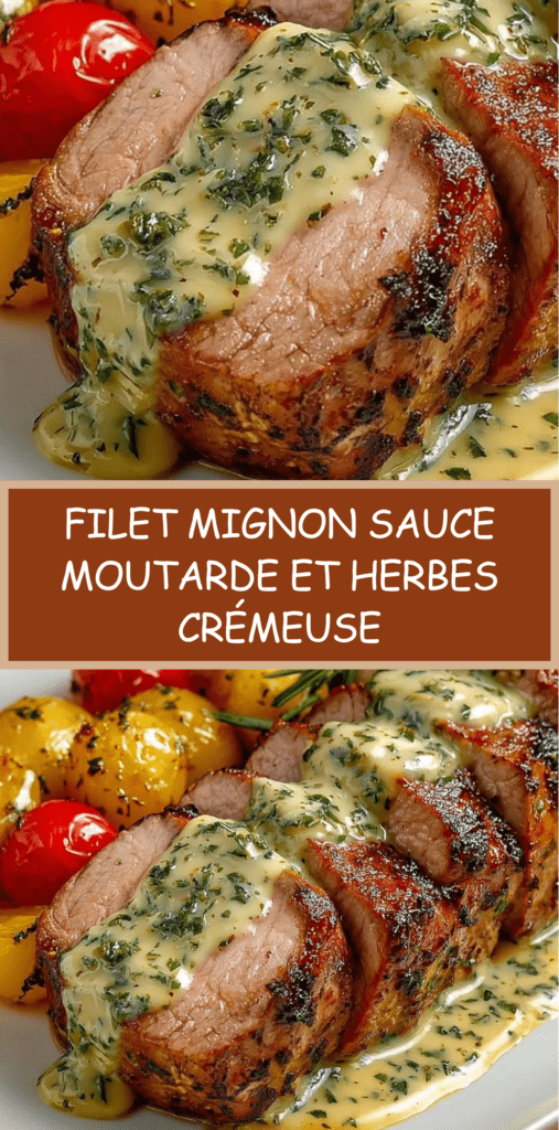 Filet mignon de porc rôti tranché, nappé d’une sauce crémeuse à la moutarde et aux herbes, servi chaud avec une belle coloration dorée.