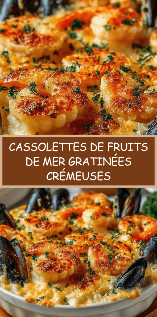 Cassolettes de fruits de mer gratinées au four, avec crevettes, moules et Saint-Jacques nappées de sauce crémeuse et croûte dorée.
