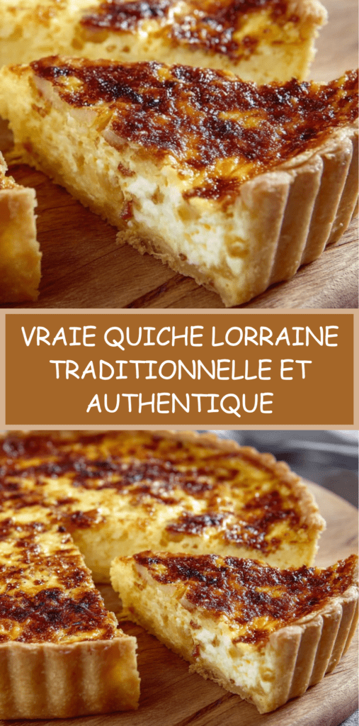 Quiche lorraine traditionnelle dorée, avec pâte croustillante et garniture crémeuse aux œufs et lardons, servie en parts.