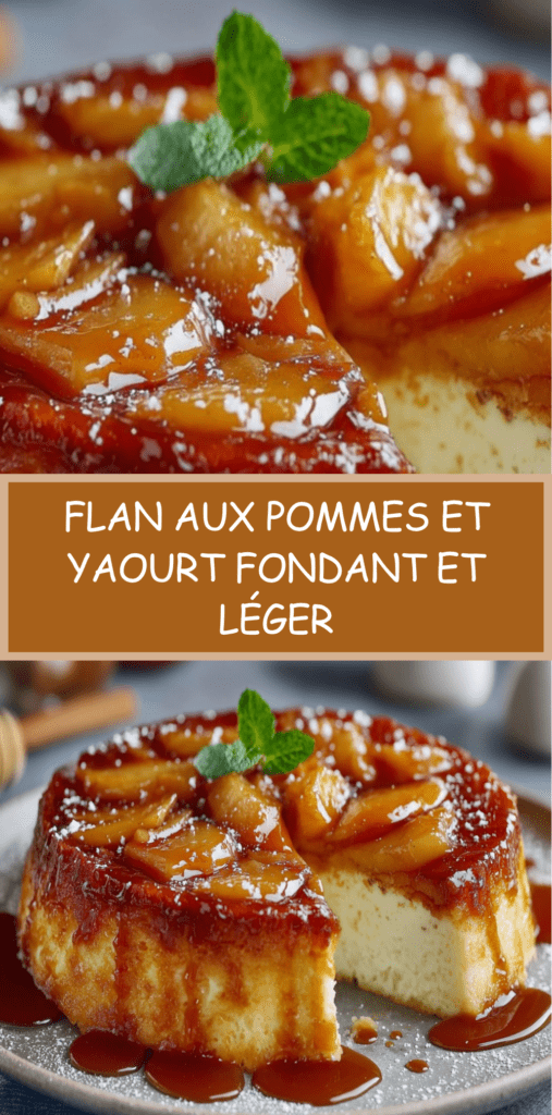 Flan aux pommes et yaourt démoulé avec pommes caramélisées sur le dessus, texture fondante et dorée, servi en parts.