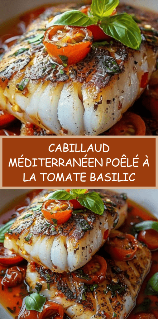 Filets de cabillaud poêlés servis dans une sauce tomate aux tomates cerises, ail, oignon et basilic frais, accompagnés de quartiers de citron.