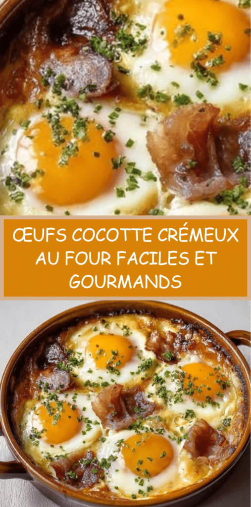 Ramequins d’œufs cocotte crémeux au four avec crème fraîche, lardons, fromage râpé et ciboulette, servis chauds juste après cuisson.