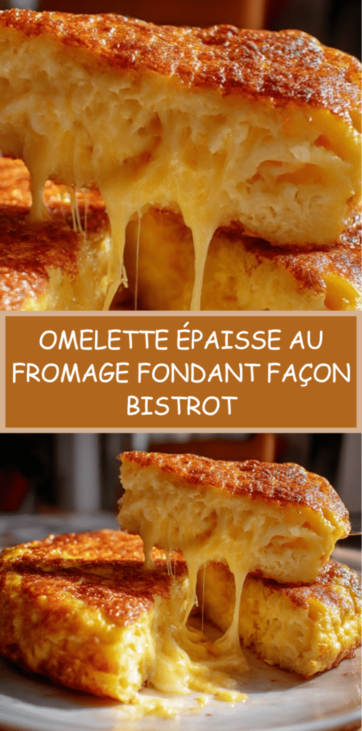 Omelette épaisse dorée au fromage fondant, cœur filant, garnie de ciboulette fraîche, servie chaude dans une poêle façon bistrot.