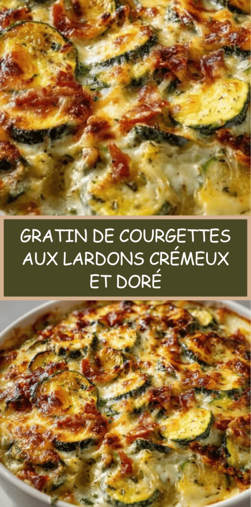 Gratin de courgettes aux lardons avec sauce crémeuse et fromage doré au four, servi chaud dans un plat à gratin familial.