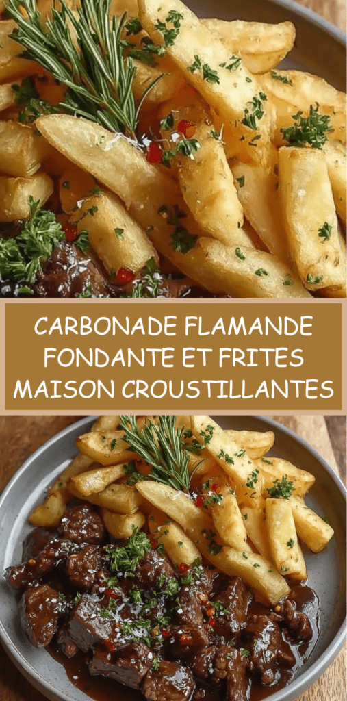 Carbonade flamande de bœuf mijotée à la bière brune avec sauce épaisse, servie avec des frites maison dorées et croustillantes.