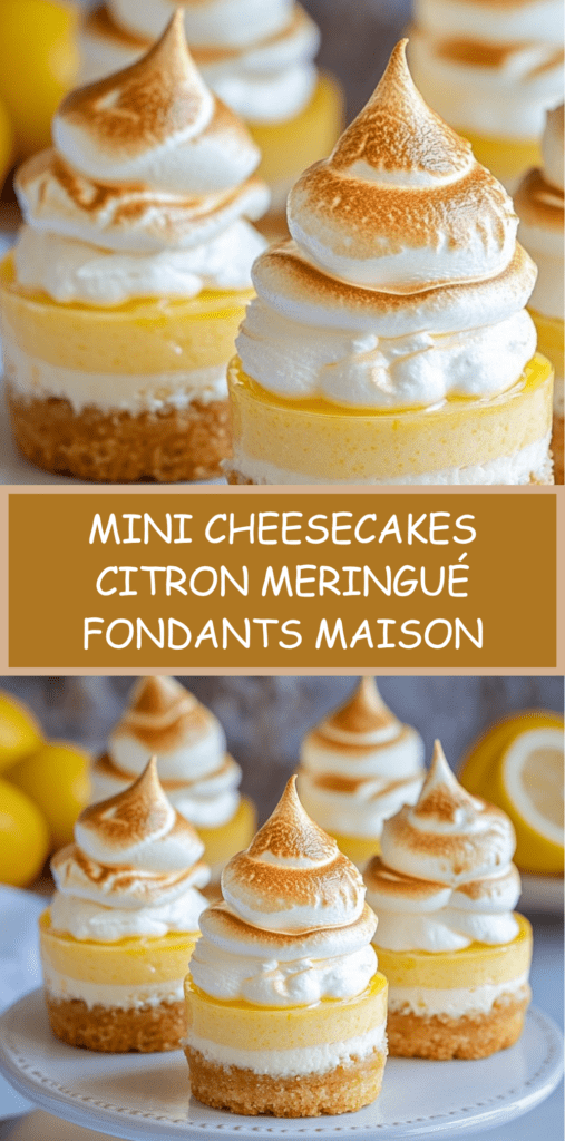 Mini cheesecakes citron meringué avec base biscuitée croustillante, crème citronnée fondante et meringue dorée au chalumeau.