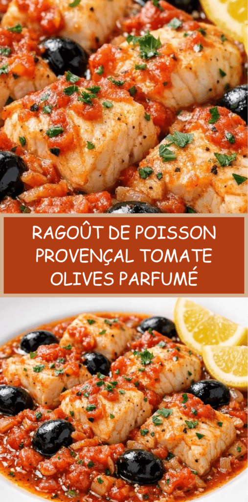 Ragoût de poisson provençal avec filets de poisson blanc mijotés dans une sauce tomate aux olives noires, ail, herbes et persil frais.
