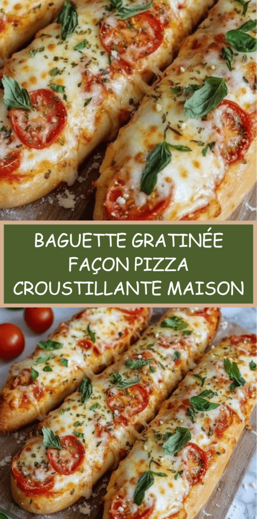 Baguette gratinée façon pizza sortie du four, garnie de sauce tomate, mozzarella fondante, rondelles de tomates fraîches, basilic et origan, servie chaude sur une planche en bois.