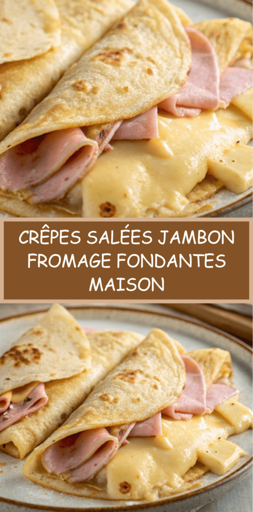Crêpes salées au jambon et au fromage servies chaudes dans une assiette, garnies de fromage fondant, pliées en triangle, avec une texture dorée et moelleuse.