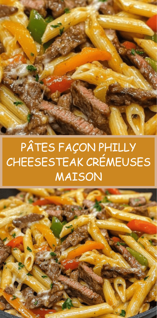 Assiette de pâtes façon Philly Cheesesteak avec bœuf sauté, poivrons colorés, sauce crémeuse au fromage fondant et persil frais.