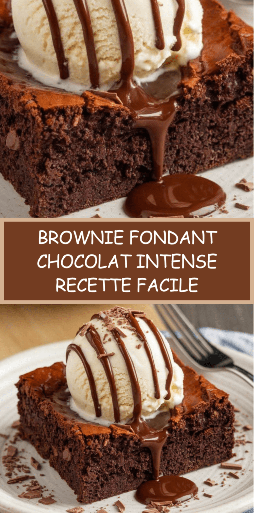Brownie fondant au chocolat coupé en carrés, cœur moelleux et légèrement humide, servi avec glace vanille, sauce chocolat chaude et copeaux.