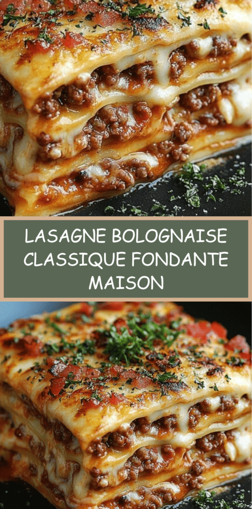 Lasagne à la bolognaise classique sortie du four, couches visibles de pâtes, viande, béchamel et fromage gratiné doré, servie chaude.