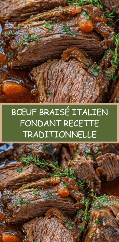 Bœuf braisé à l’italienne servi dans une cocotte, viande fondante nappée de sauce au vin rouge avec carottes, céleri et herbes fraîches.