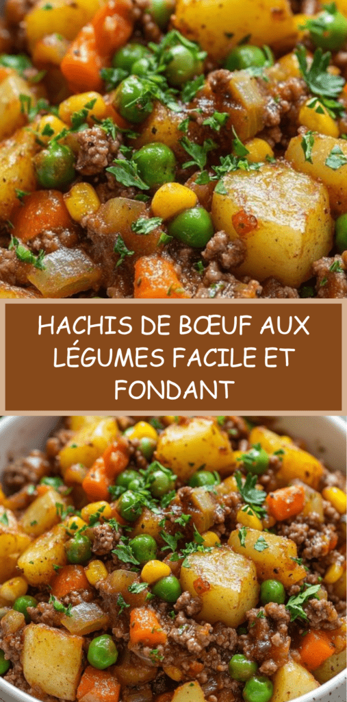 Hachis de bœuf aux légumes servi chaud, avec pommes de terre fondantes, carottes, petits pois et persil frais dans une poêle rustique.
