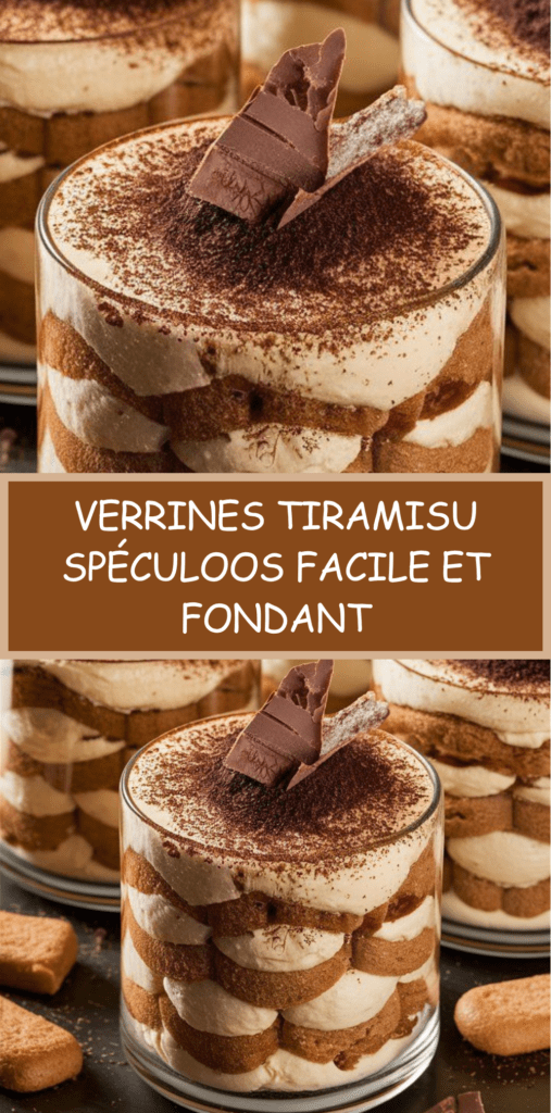 Verrines de tiramisu aux spéculoos avec crème mascarpone onctueuse, biscuits imbibés de café, cacao en poudre et copeaux de chocolat.