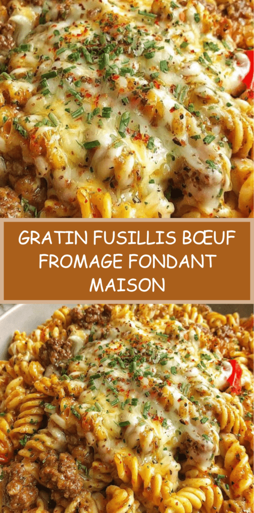 Gratin de fusillis au bœuf et fromage avec pâtes enrobées de sauce tomate crémeuse, viande fondante et fromage gratiné doré.