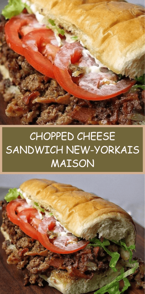 Sandwich Chopped Cheese garni de bœuf haché grillé, fromage fondant, laitue, tomates et sauce dans un pain brioché moelleux.