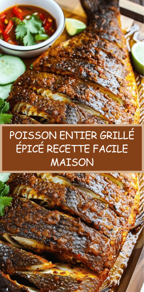 Poisson entier grillé doré et croustillant, mariné aux épices, servi avec citron vert, concombre et sauce pimentée aux herbes.