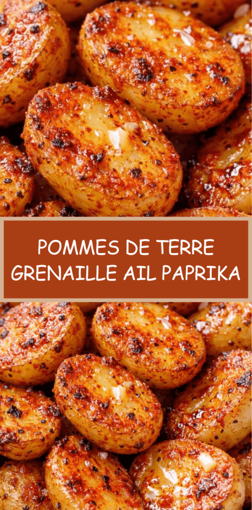 Pommes de terre grenaille rôties au four, dorées et croustillantes, enrobées d’ail et de paprika, servies chaudes avec du persil frais dans un plat rustique.