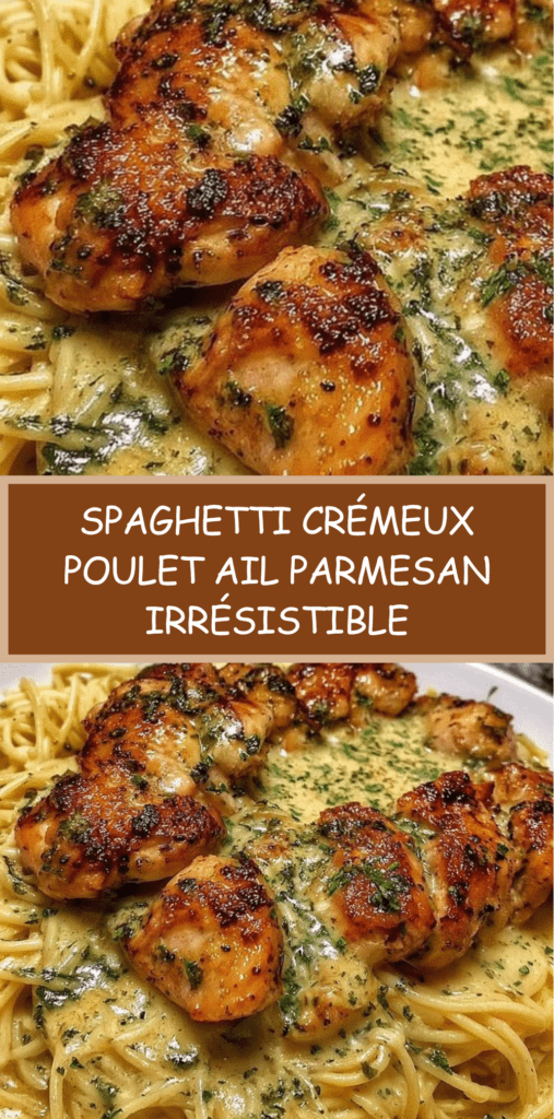 Assiette de spaghetti crémeux au poulet doré, nappés d’une sauce onctueuse à l’ail et au parmesan, décorés de persil frais dans un cadre chaleureux.
