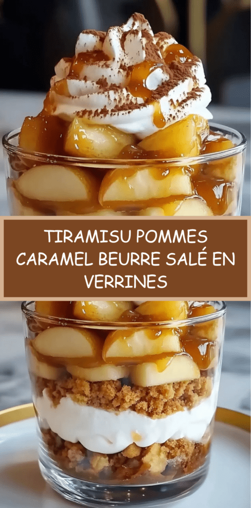 Verrines de tiramisu aux pommes caramélisées et caramel beurre salé, avec couches de biscuits, crème mascarpone onctueuse et cacao saupoudré.