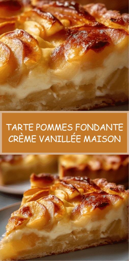 Tarte aux pommes fondantes avec crème vanillée dorée, disposées en fines lamelles sur une pâte sablée croustillante, légèrement caramélisée et brillante.