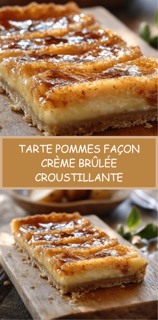 Tarte aux pommes façon crème brûlée avec surface caramélisée dorée et croustillante, pommes fondantes et crème vanillée sur pâte sablée.