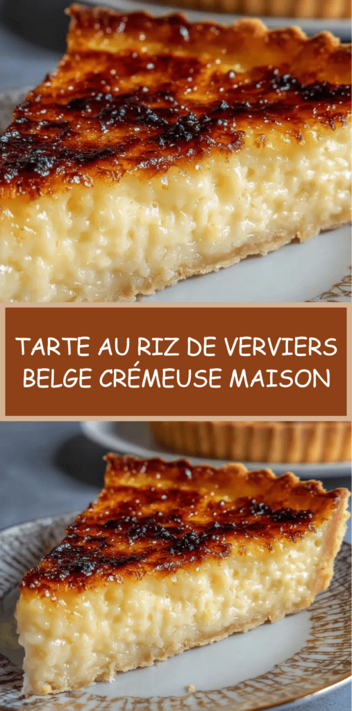 Tarte au riz de Verviers dorée avec surface légèrement caramélisée, garniture de riz au lait crémeux sur pâte croustillante dans un moule traditionnel.