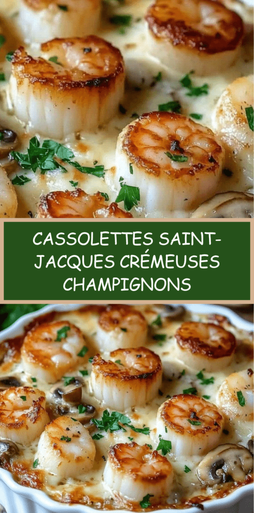 Cassolettes de Saint-Jacques gratinées avec champignons et sauce crémeuse, surface dorée au fromage, servies chaudes dans des ramequins individuels.