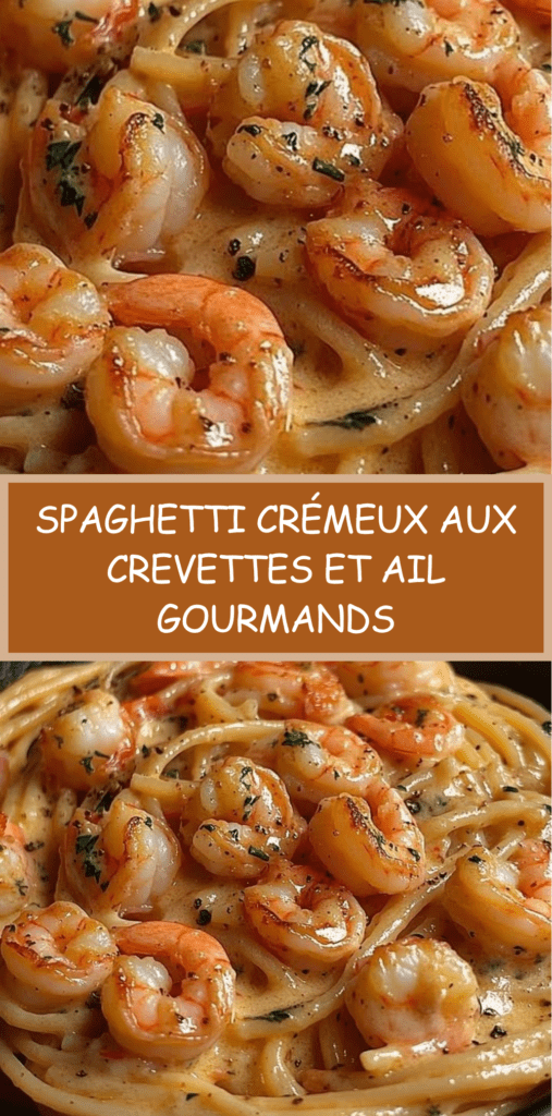 Assiette de spaghetti crémeux aux crevettes avec sauce à l’ail onctueuse, crevettes rosées et persil frais, servie chaude.