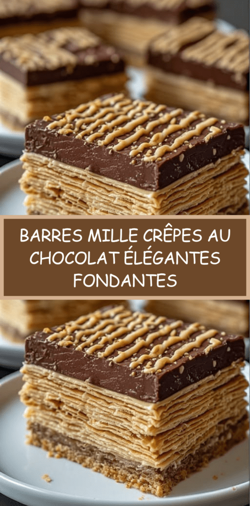 Barres de mille crêpes au chocolat avec couches fines de crêpes et crème, nappées de ganache brillante, découpées en parts régulières.