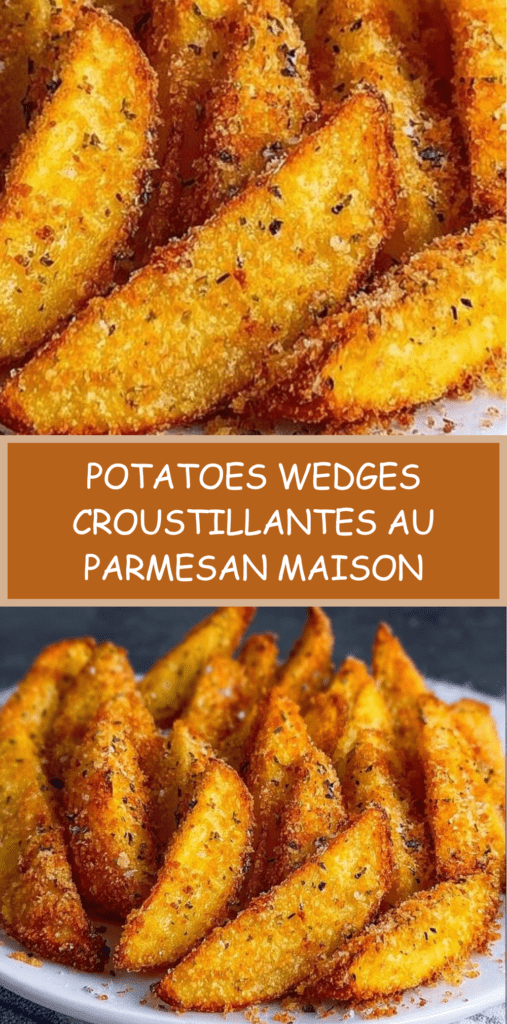 Potatoes wedges dorées et croustillantes au parmesan, avec peau, disposées sur une plaque, texture fondante à l’intérieur.