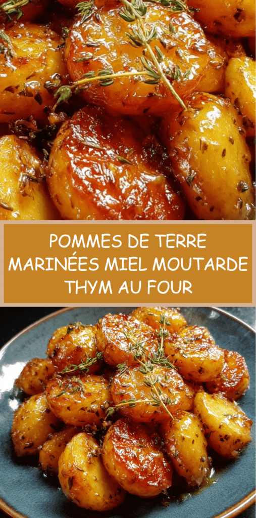 Pommes de terre rôties au four avec marinade miel moutarde thym, légèrement caramélisées, dorées et fondantes à l’intérieur.