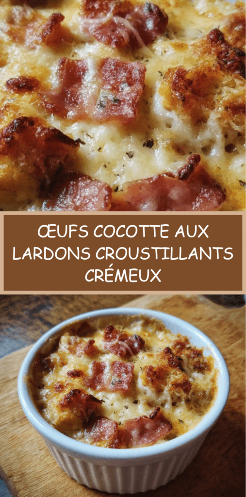 Œufs cocotte aux lardons et fromage gratiné, jaune coulant, servis dans des ramequins avec une texture crémeuse.