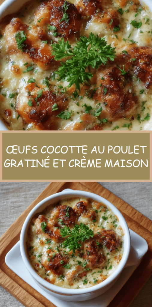 Œufs cocotte au poulet gratiné et crème servis dans des ramequins, avec fromage doré, crème onctueuse, morceaux de poulet fondants et persil frais.