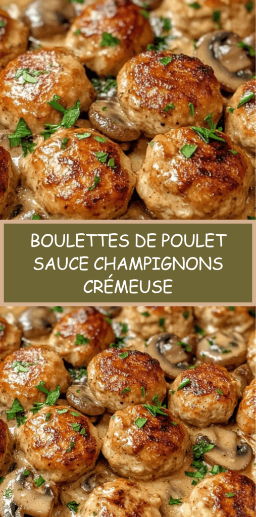 Boulettes de poulet dorées servies dans une sauce crémeuse aux champignons avec persil frais, accompagnées de pâtes ou de riz.