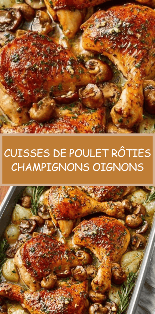 Cuisses de poulet rôties dorées au four avec champignons fondants et oignons caramélisés dans un jus parfumé aux herbes.