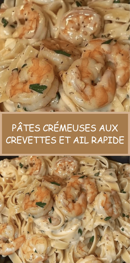 Assiette de pâtes crémeuses aux crevettes dorées, sauce onctueuse à l’ail et parmesan, garnie de persil frais.