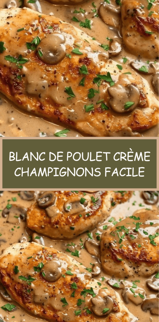 Blancs de poulet dorés nappés d’une sauce crémeuse aux champignons et oignons, garnis de persil frais dans une poêle.