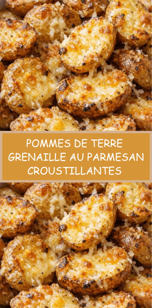 Pommes de terre grenaille rôties au four, dorées et croustillantes, enrobées de parmesan fondu, d’ail et d’herbes, servies chaudes dans un plat rustique.