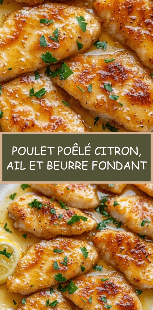 Filets de poulet poêlés, dorés et juteux, nappés d’une sauce brillante au beurre, à l’ail et au citron, garnis de persil frais dans une poêle chaude.