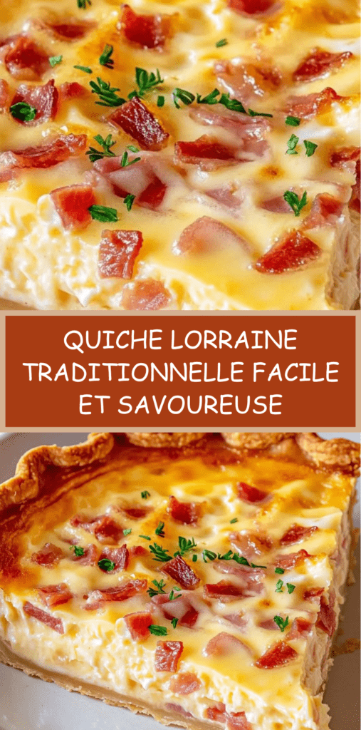 Quiche lorraine dorée à la sortie du four, pâte brisée croustillante garnie d’un appareil crémeux aux œufs, crème et lardons, coupée en parts sur une table rustique.