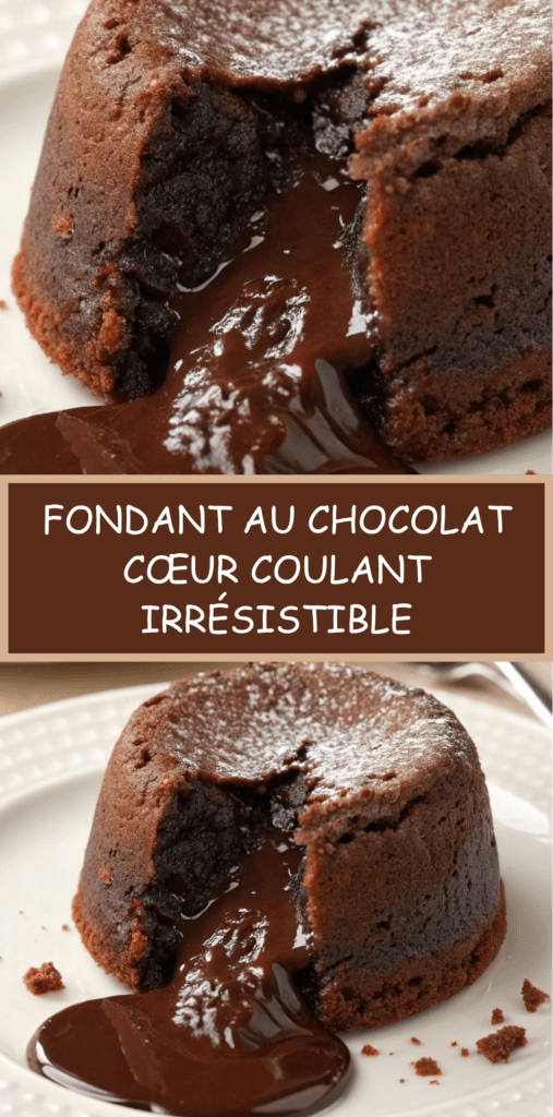 Fondant au chocolat individuel, légèrement craquelé à l’extérieur, avec un cœur coulant intense au chocolat noir, servi chaud sur une assiette avec une texture brillante.