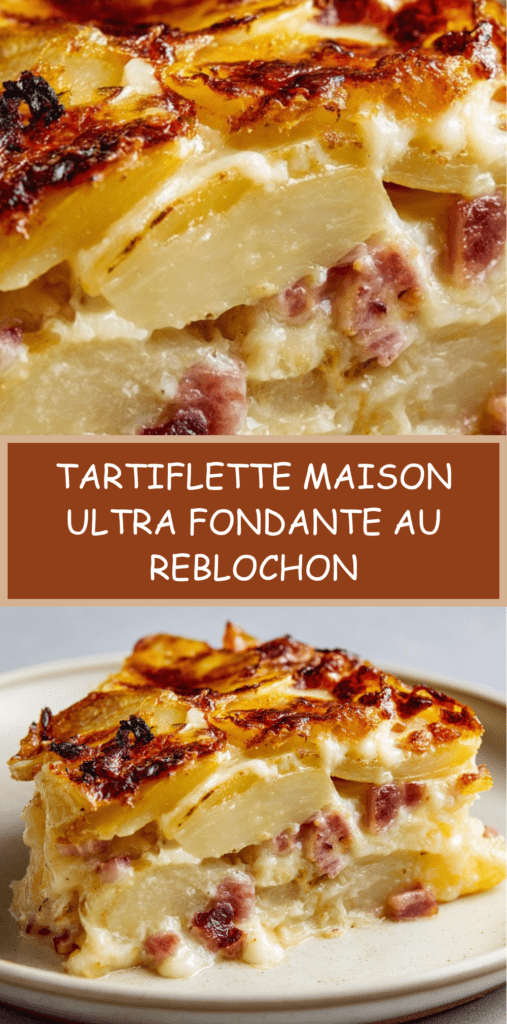Plat de tartiflette maison gratinée au four, pommes de terre fondantes, lardons dorés, oignons et reblochon coulant avec croûte dorée.