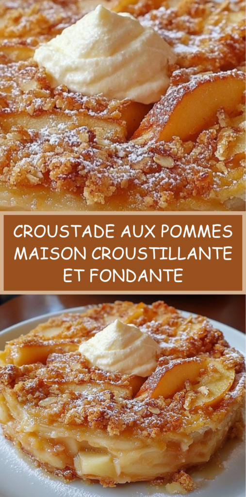 Croustade aux pommes dorée au four, avec une couche croustillante sablée et des pommes fondantes légèrement caramélisées, servie tiède dans un plat rustique.